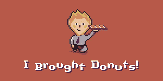 a pixel art of a man holding a tray of donuts and the words i brought donuts