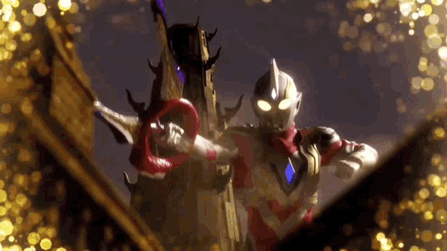 a cartoon character is holding a sword in front of a tower