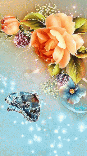 a painting of flowers with a blue butterfly in the middle