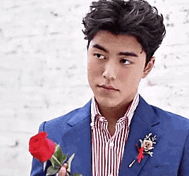 a man in a blue suit and red striped shirt holds a red rose