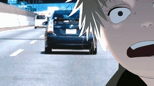 a cartoon character is looking at a car on the highway
