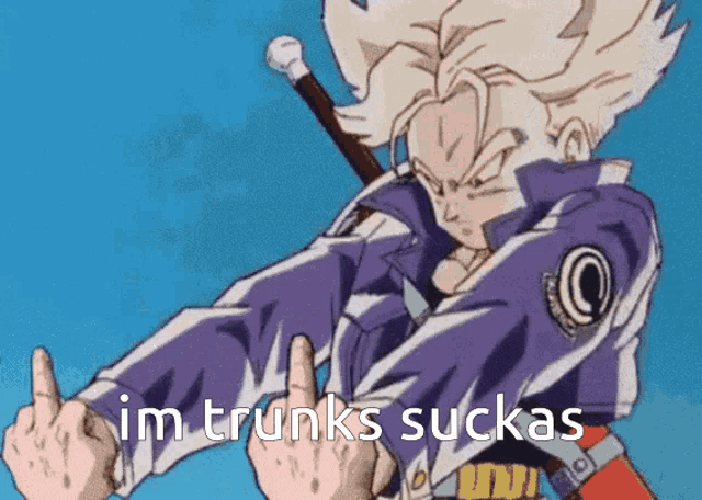 trunks from dragon ball gives the middle finger to someone