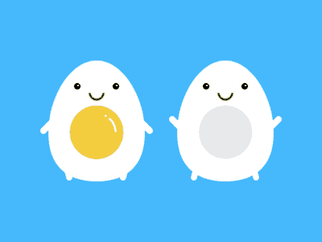 two eggs with smiley faces one of which has a yellow yolk