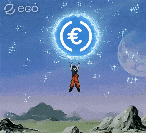 a cartoon character is flying through the air holding a blue circle with a euro sign in it