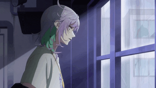 a girl with purple hair looks out a window