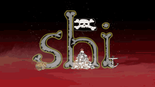the word shi is surrounded by a pile of skulls
