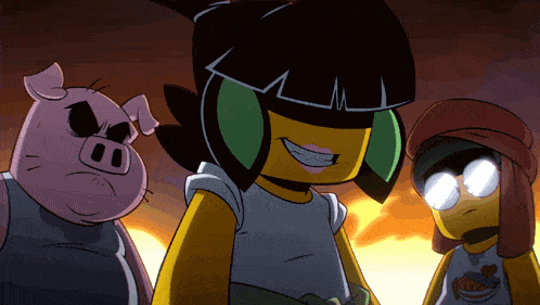 a group of cartoon characters including a pig and a girl with headphones