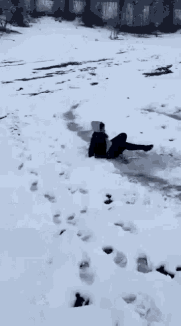 a person is crawling through the snow on a snowy path .