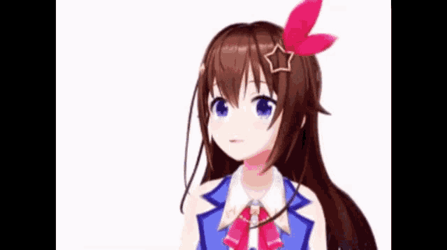 a girl with long brown hair and blue eyes is wearing a blue dress and a pink bow .