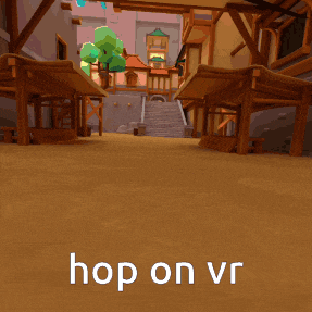 a cartoon scene with the words hop on vr written on the bottom