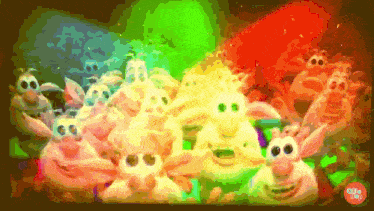 a bunch of cartoon characters are gathered together in a rainbow of colors with a bubble boy logo in the bottom right corner