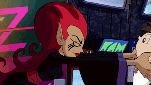 a cartoon character with red hair and a sign that says kam on it