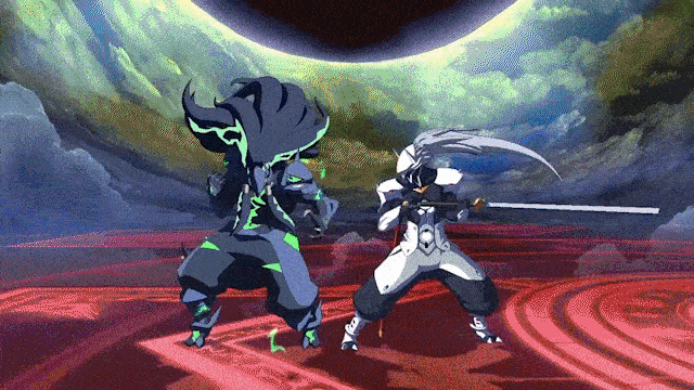 two ninjas are fighting in a video game and one has a sword