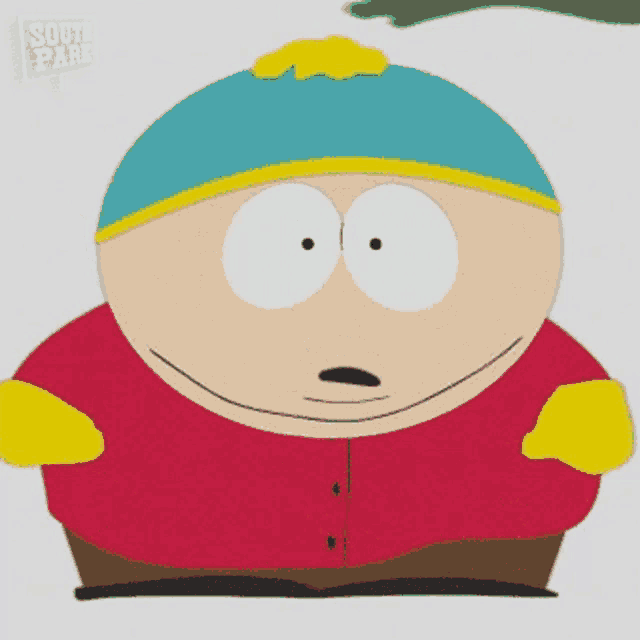 a cartoon character from south park has his eyes closed and his mouth open