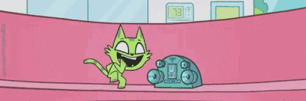 a cartoon cat is standing next to a boombox with the number 73 on the screen
