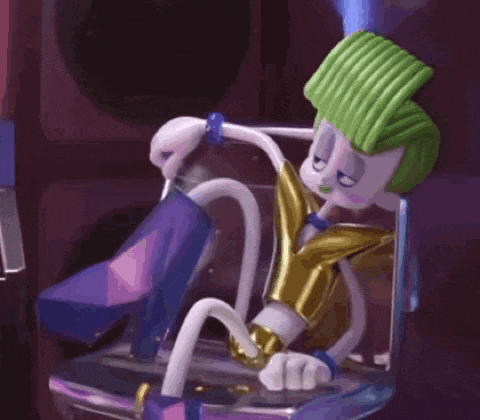 a cartoon character with green hair is sitting in a chair holding a pair of shoes .