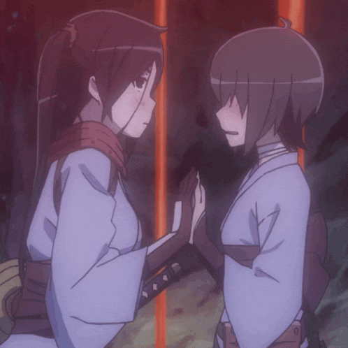 two anime characters are standing next to each other and one has a scarf around her neck