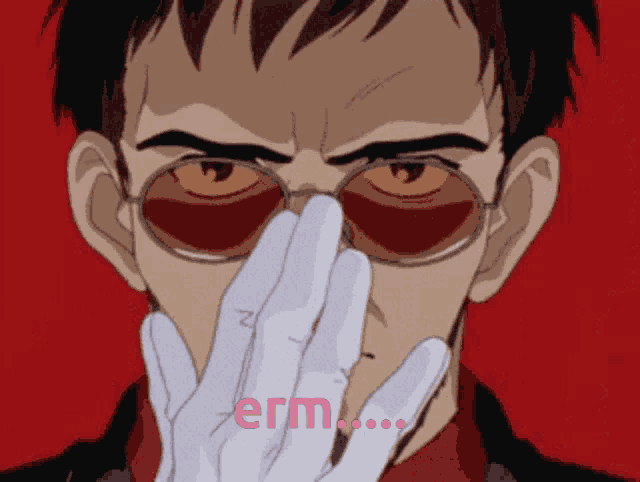 a man with glasses and a white glove covering his face with the word erm written in pink
