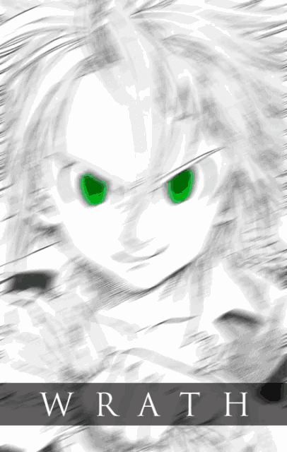 a drawing of a person with green eyes and the word wrath underneath