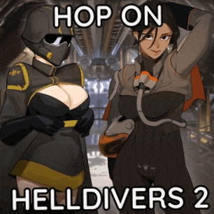 a poster for a video game called helldivers 2 with two female characters