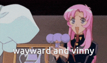 a girl with pink hair is holding a purple object and the words wayward and vinny are above her