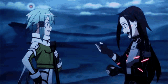 a couple of anime characters are standing next to each other and one of them is holding a gun