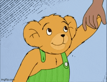 a cartoon teddy bear wearing green overalls and a green shirt