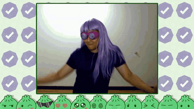 a person with purple hair is dancing in front of a check mark