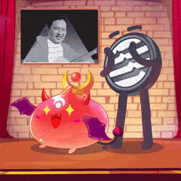 a cartoon of a man playing a guitar next to a cartoon of a devil
