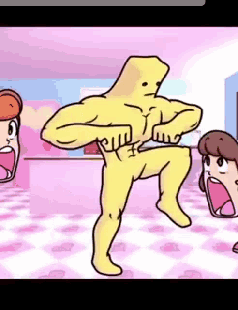 a cartoon character with a bag on his head is standing in a room with two women .