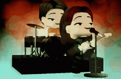 a cartoon drawing of a man playing drums and a woman singing