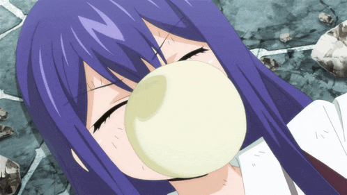 a girl with long purple hair blowing a white bubble