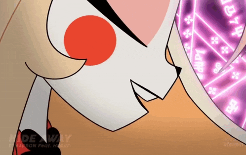 a close up of a cartoon character with the words hideaway on the bottom
