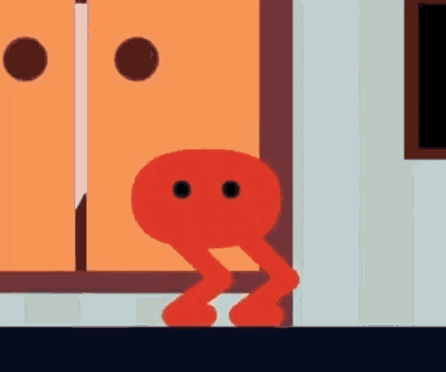 a red cartoon character is standing in front of a closet