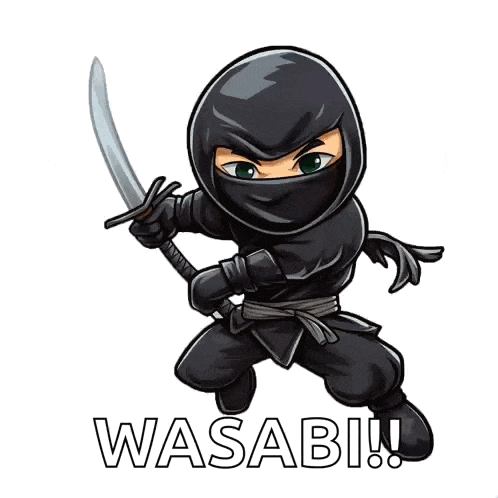a cartoon of a ninja holding a sword with the word wasabi written below him