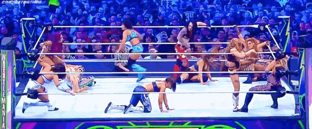 a group of women are wrestling in a ring with a crowd watching .