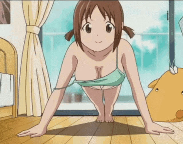 a naked anime girl is doing push ups in a room