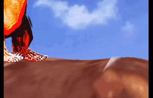 a person is standing on top of a brown surface with a blue sky in the background