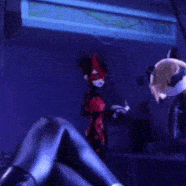 a ladybug and cat noir are standing next to each other in a room .