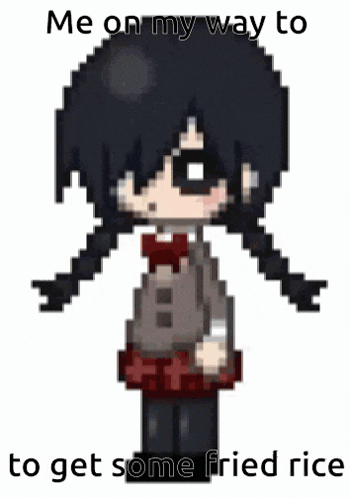 a pixel art of a girl in a school uniform with the words `` me on my way to get some fried rice ''