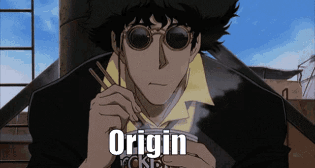a cowboy bebop character is eating noodles with chopsticks from a bowl with the word origin written on it .