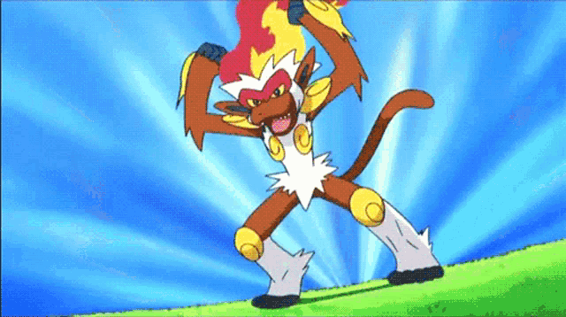 a cartoon monkey is standing on a grassy hill with a blue sky behind him