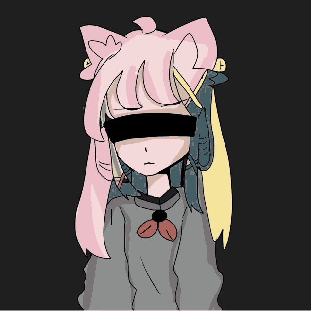 a drawing of a girl with pink hair has a black circle around her eyes