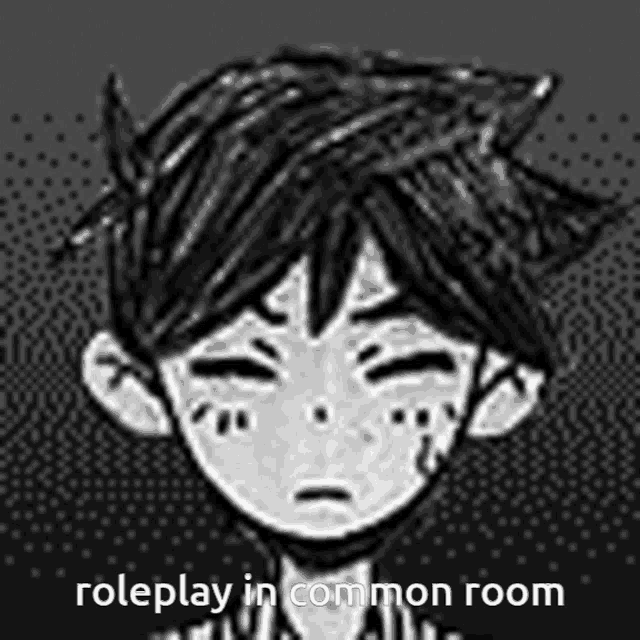 a black and white drawing of a boy 's face with the words `` roleplay in common room '' .