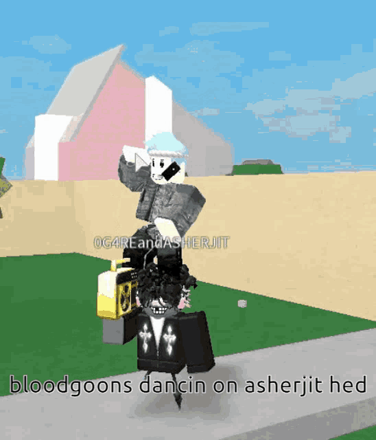a person in a video game with the words bloodgoons dancin on asherjit hed below them