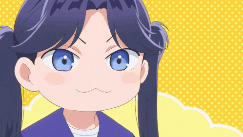 a cartoon girl with blue eyes is smiling with a yellow background and a purple letter h on it
