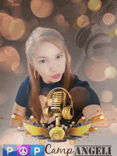 a poster for pop camp angeli with a woman holding a microphone and headphones