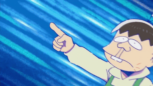 a cartoon character is pointing at something with his finger against a blue background .