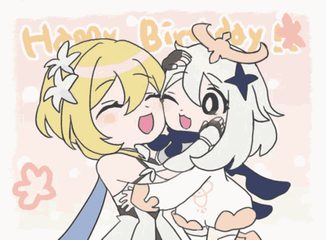 a drawing of a girl hugging another girl with the words happy birthday behind them