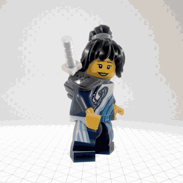 a lego figure is holding a sword and smiling
